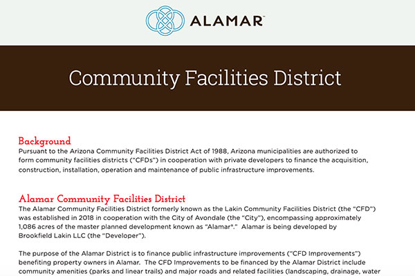 Community Facilities District for the Alamar community in Avondale, AZ