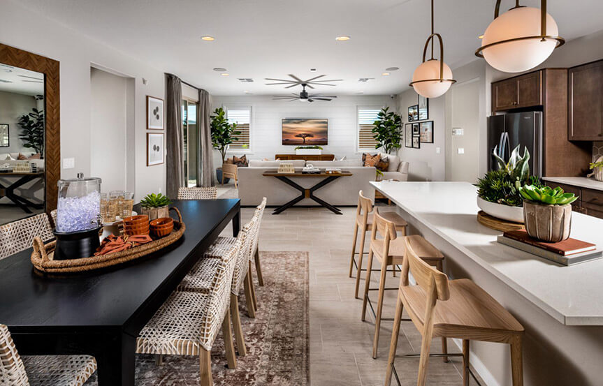 Sage Azure model great room dining kitchen by Brookfield Residential at Alamar community in Avondale, AZ