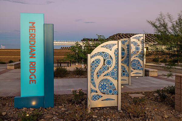 Meridian Ridge Park signage and landscape at Alamar community in Avondale, Arizona